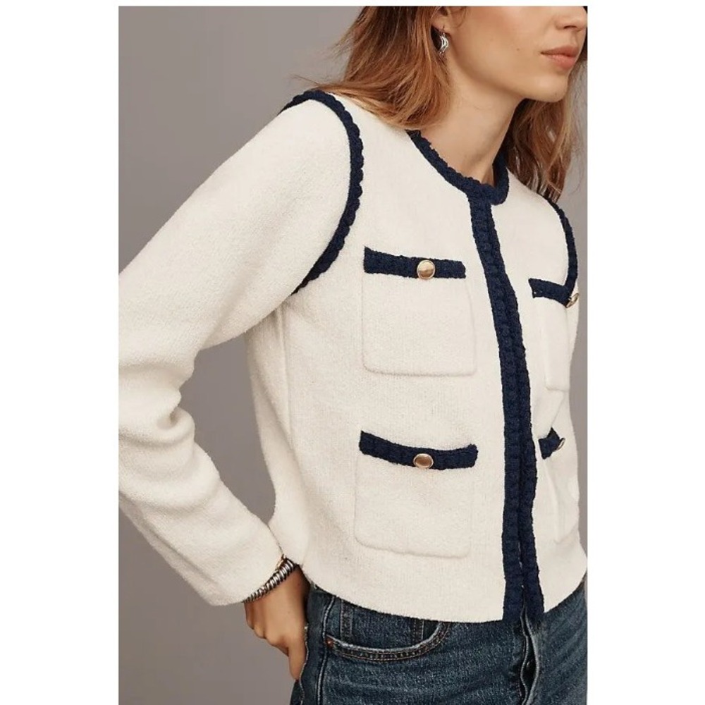 MAEVE Collarless Cardigan Womens L Ivory Navy Blue Lady Jacket Gold Button $138